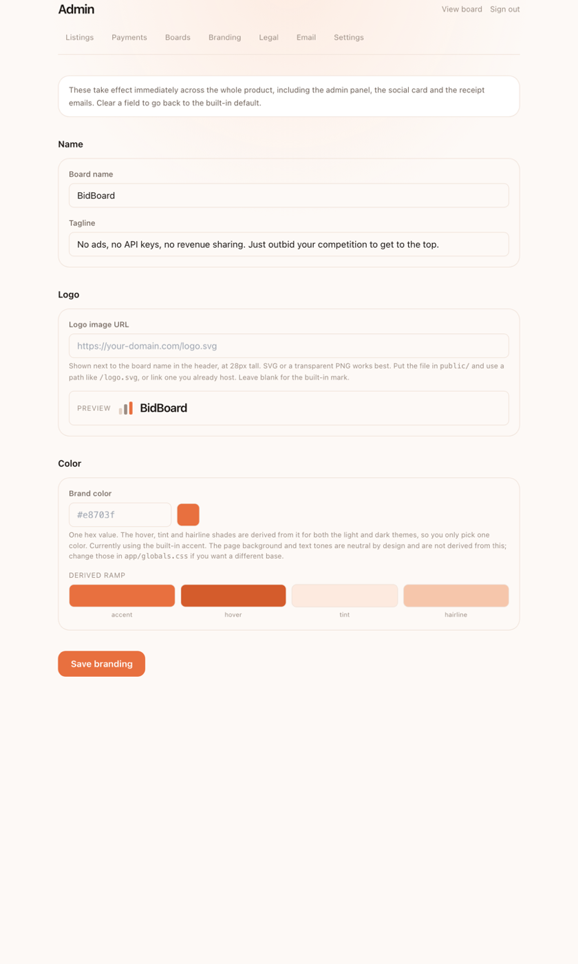 Live editable settings for bidding rules, takeovers, currency and anti spam