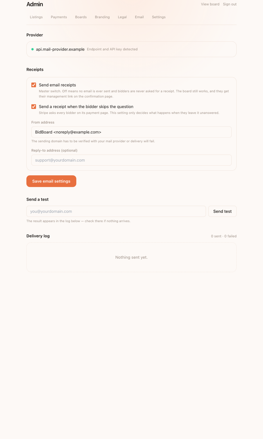 The email tab showing provider status, both receipt toggles, a test send and the delivery log