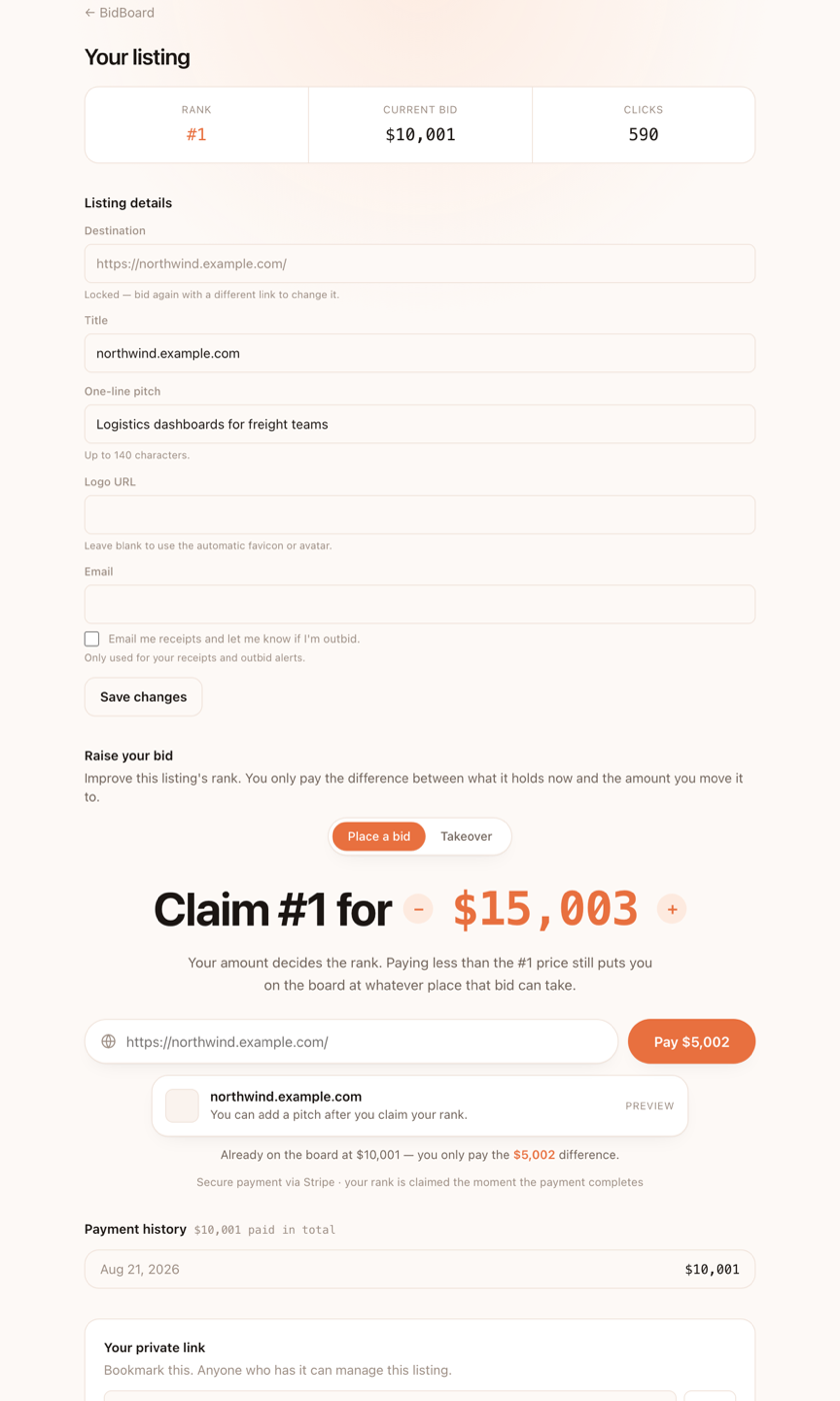 The owner management page showing rank, clicks, editable listing details and a re bid form