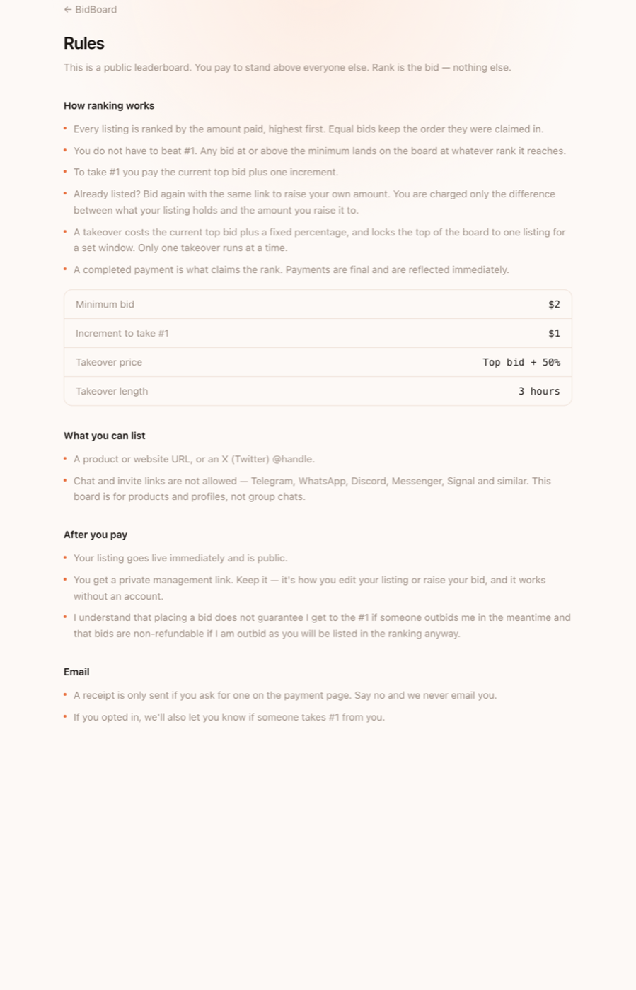 The public rules page, generated from the live settings so it always matches them